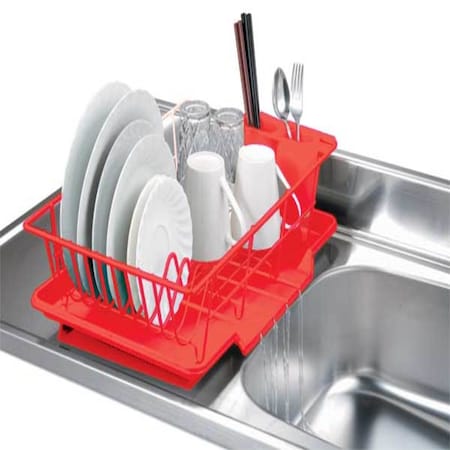 Home Basics 3 Piece RustResistant Vinyl Dish Drainer with SelfDraining Drip Tray, Red DD01545